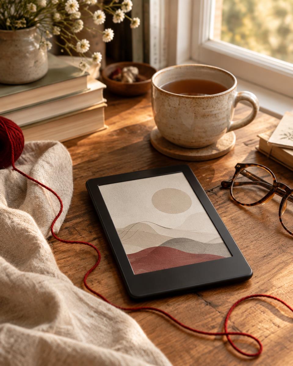 An ebook reader, tea, and crimson thread in a welcoming reading nook