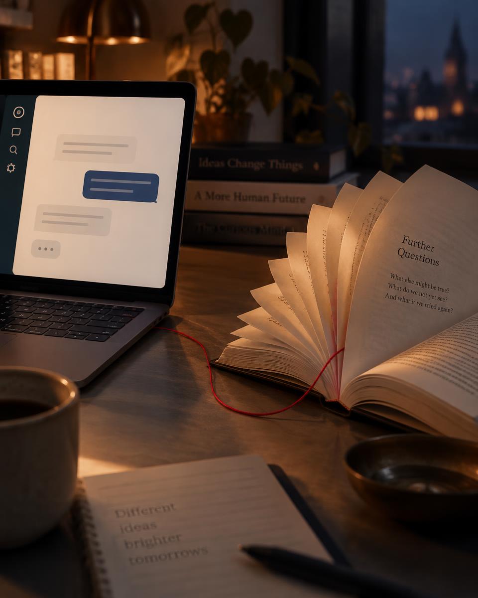 A laptop chat conversation beside a book fanning open its layered pages