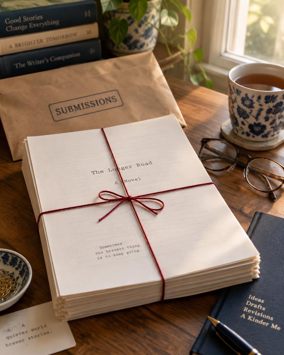 A bound manuscript tied with red thread beside a submissions envelope