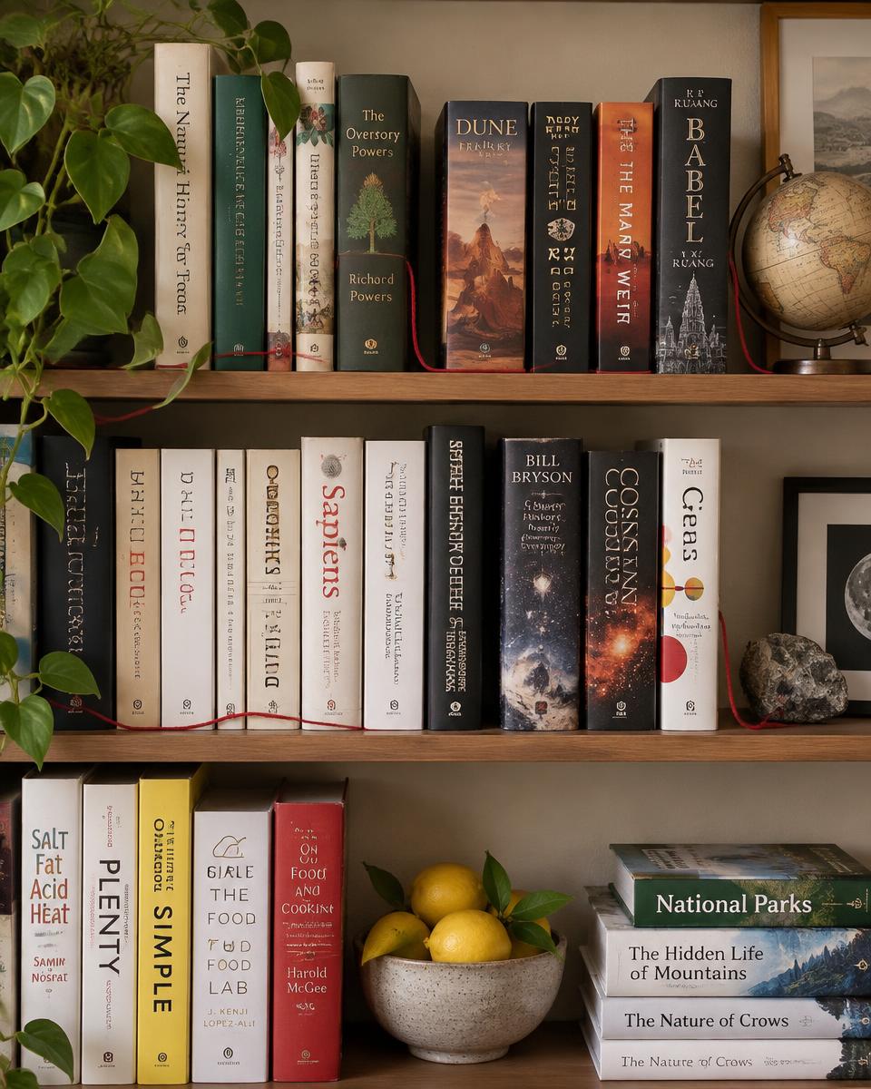 A curated bookshelf of wildly different books connected by a red thread